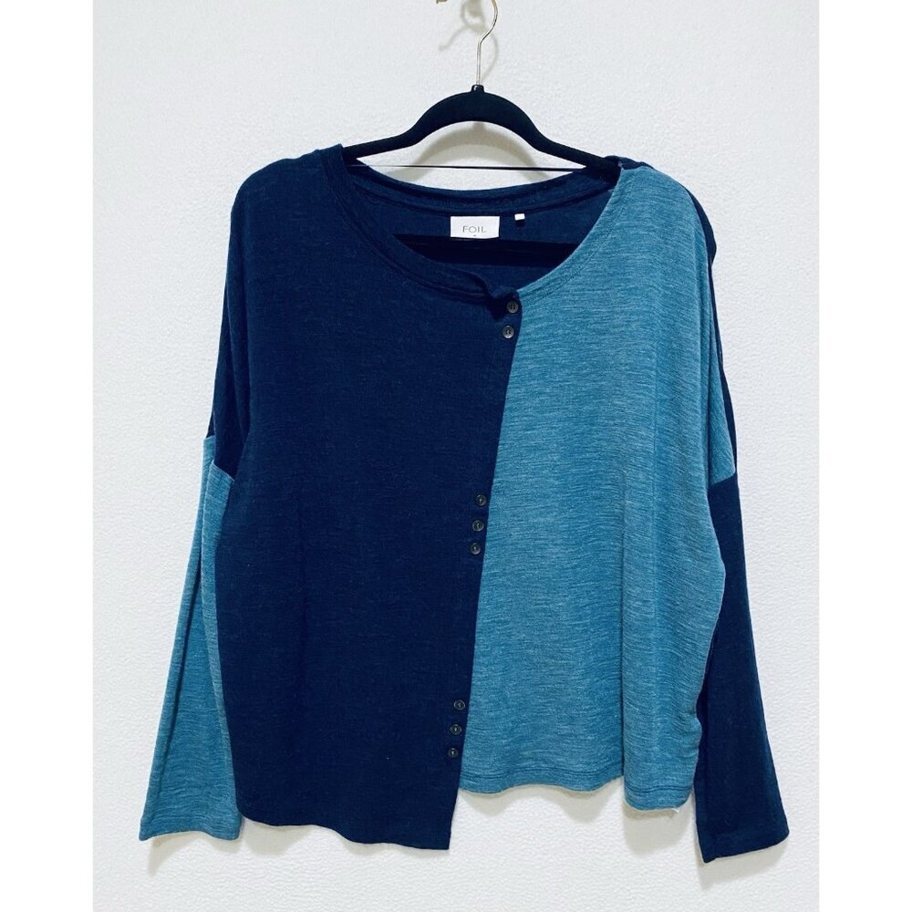 Foil Anthropologie Sweater Womens Medium Blue Asymmetrical Merino Wool Structure